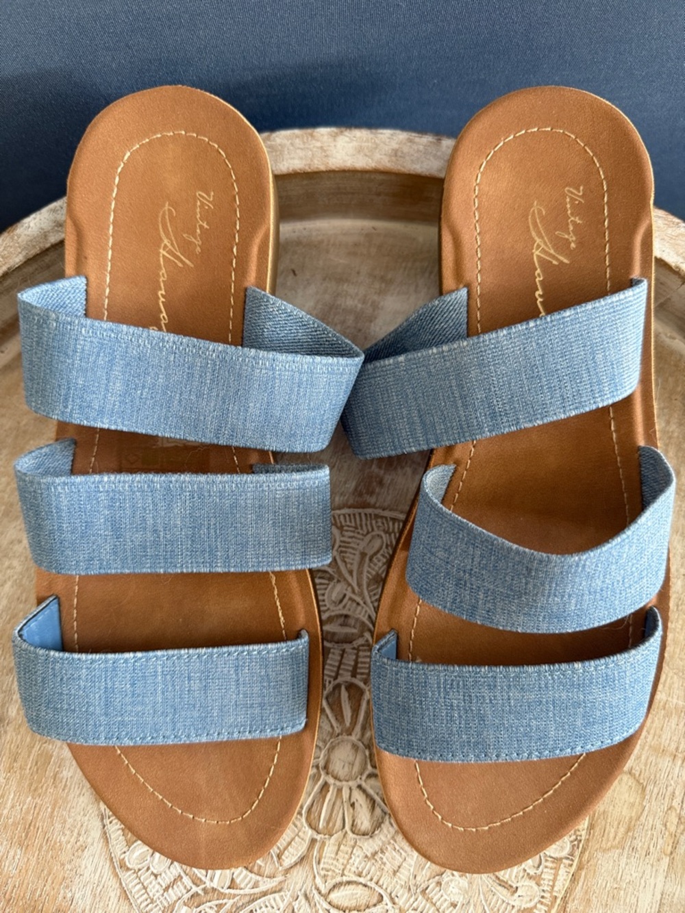 Vintage Havana Light Blue Triple-Strap Slide Sandals